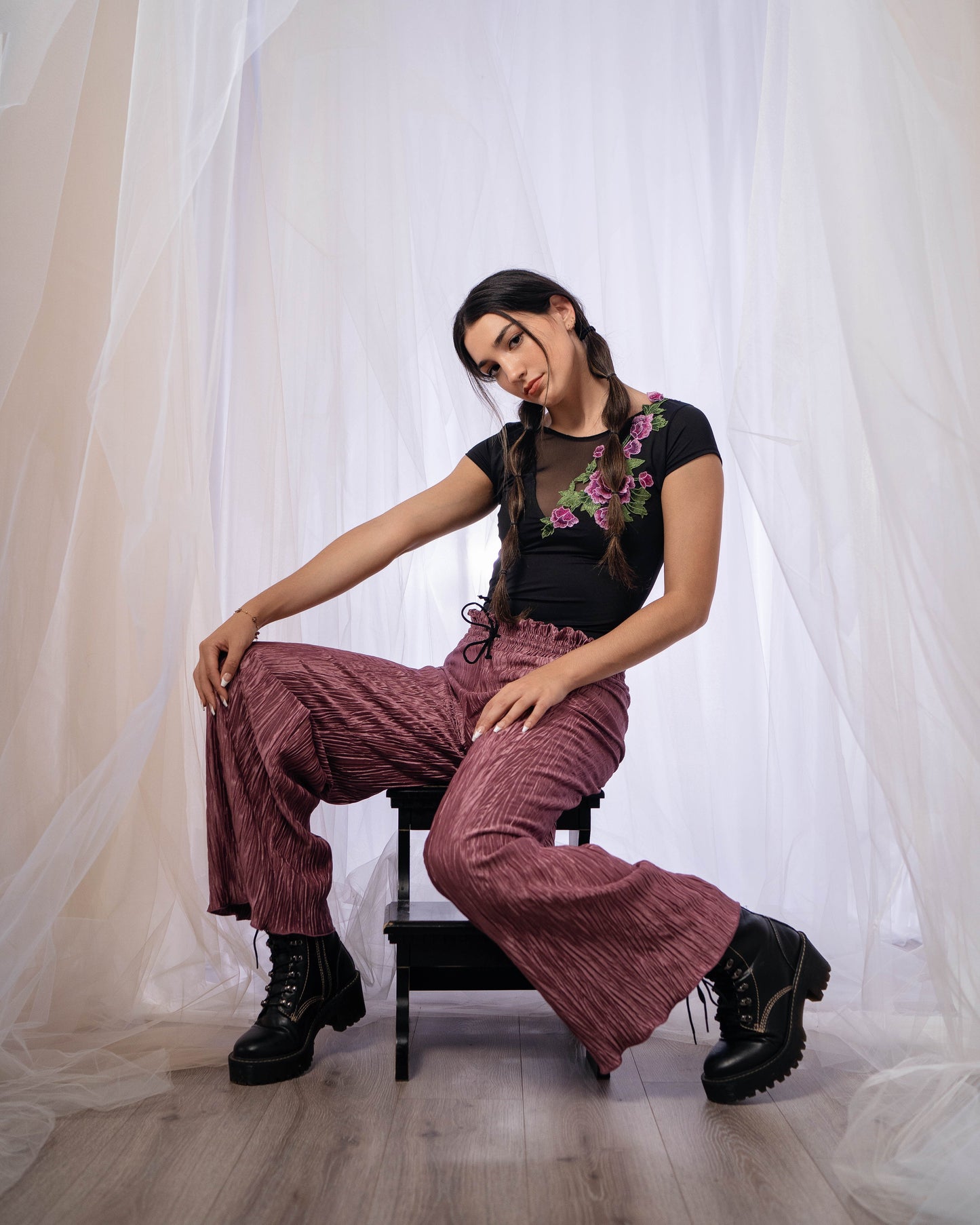 Purple Pleated Wide Leg Dance Pants
