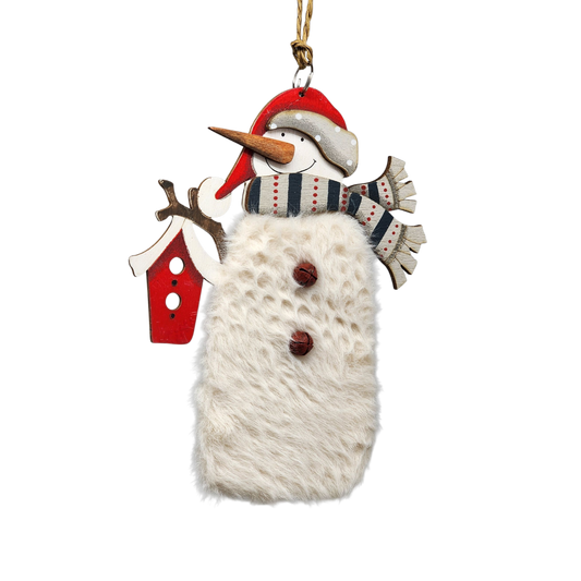 Wood and Fur Snowman Ornament - Holding Birdhouse