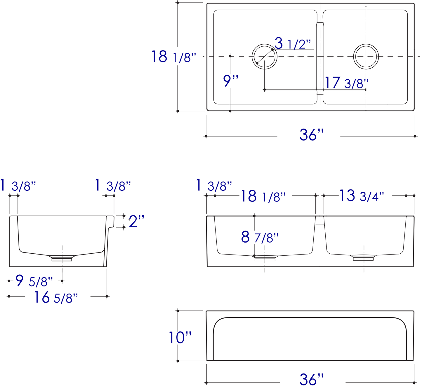 ALFI brand AB3618ARCH Arched Apron Thick Wall Fireclay Double Bowl Farm Sink