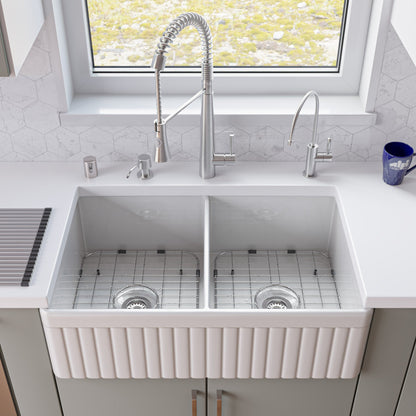 ALFI brand AB537 AB537-W White 32" Fluted Apron Double Bowl Fireclay Farmhouse Kitchen Sink