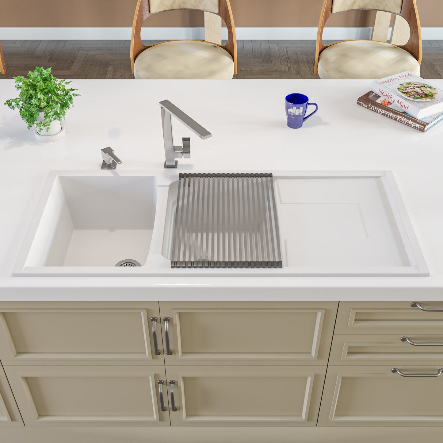 ALFI brand AB4620DI 46" Double Bowl Granite Composite Kitchen Sink with Drainboard