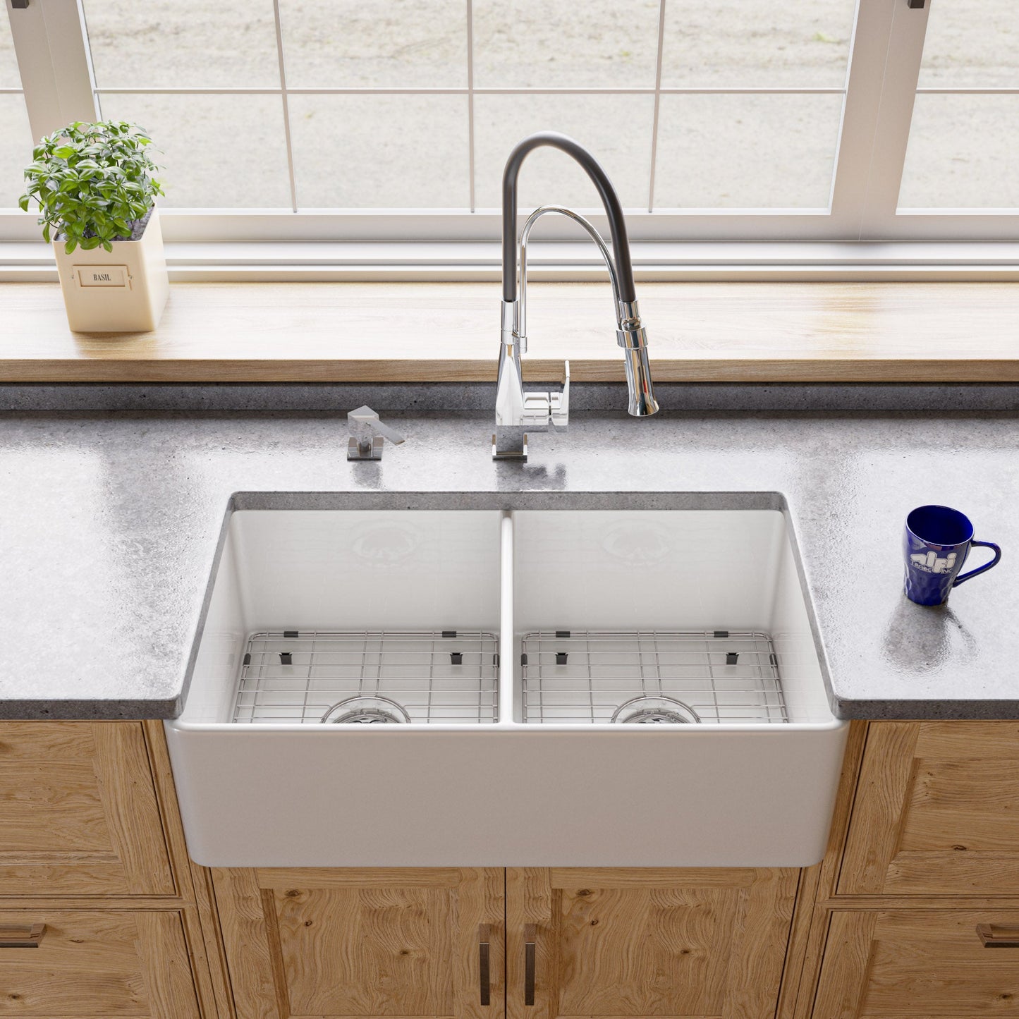 ALFI brand ABF3318D Smooth Apron 33" x 18" Double Bowl Fireclay Farm Sink