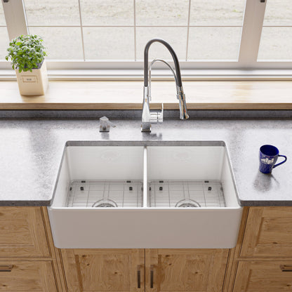 ALFI brand ABF3318D Smooth Apron 33" x 18" Double Bowl Fireclay Farm Sink