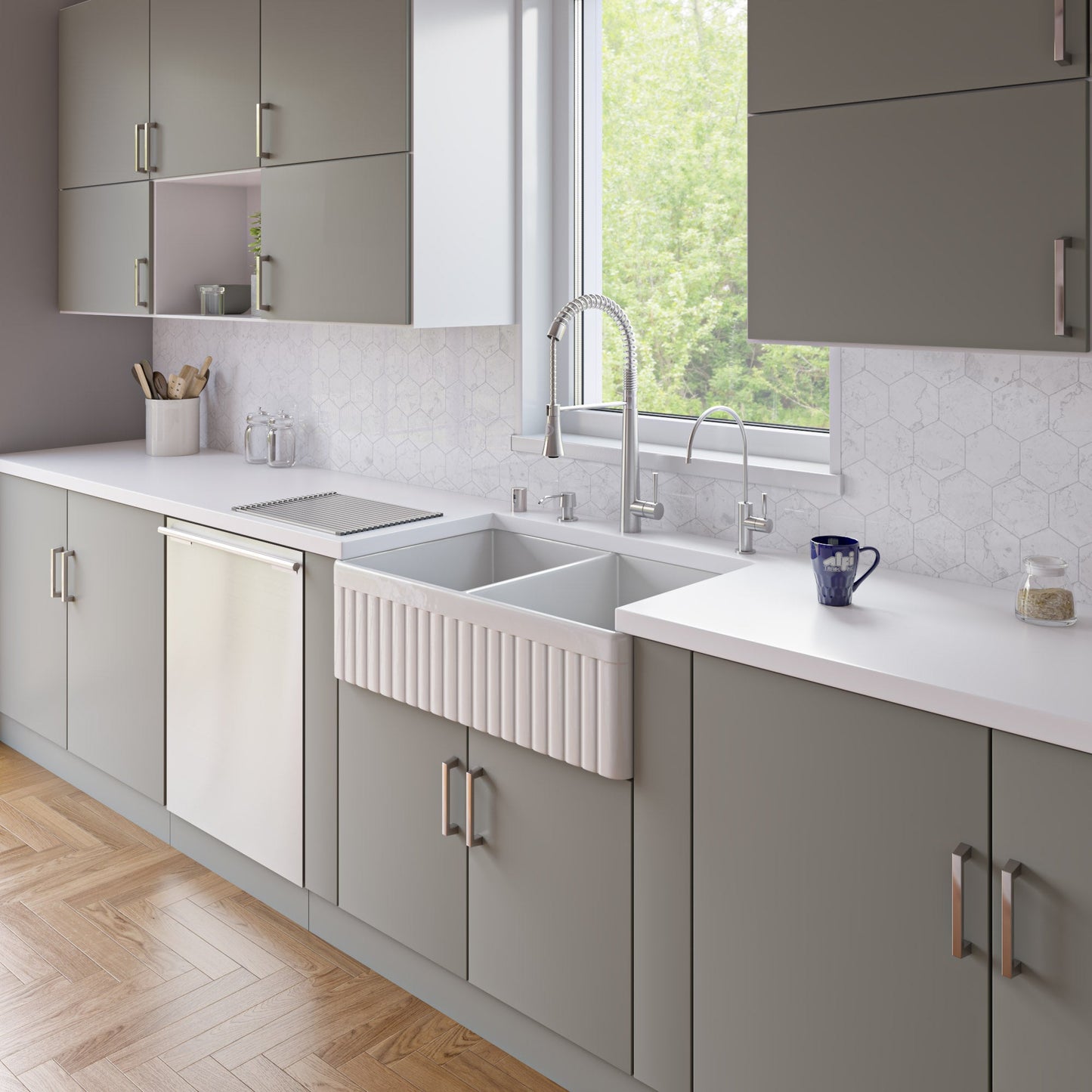 ALFI brand AB537 AB537-W White 32" Fluted Apron Double Bowl Fireclay Farmhouse Kitchen Sink
