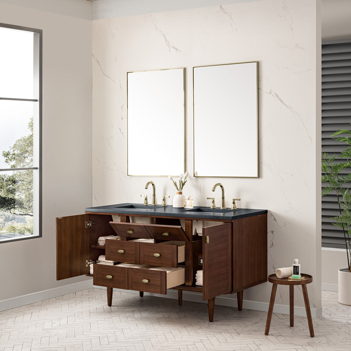 Amberly 60" Double Vanity Cabinet, Mid-Century Walnut