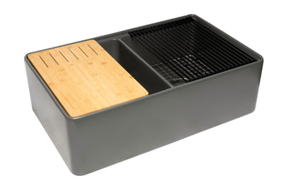 ALFI brand ABFS3320D Workstation 33" x 20" Double Bowl Step Rim Fireclay Farm Sink with Accessories