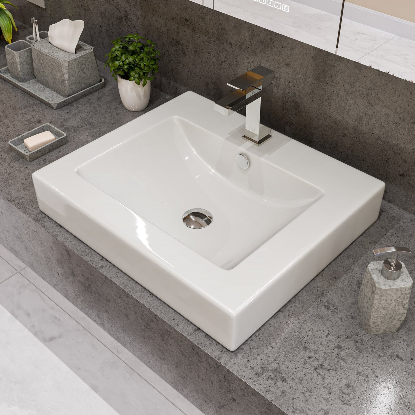 ALFI brand  ABC701 White 24" Rectangular Semi Recessed Ceramic Sink with Faucet Hole