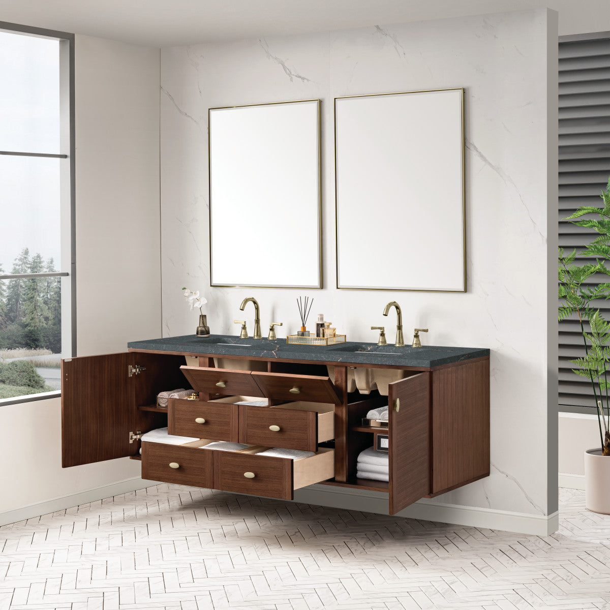 Amberly 72" Double Vanity Cabinet, Mid-Century Walnut