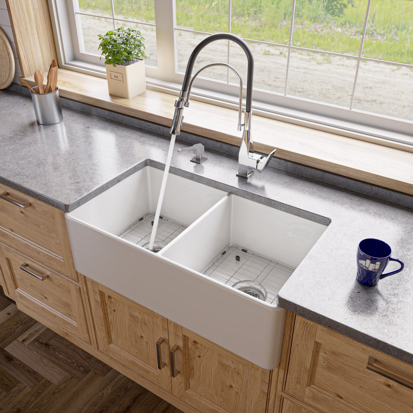 ALFI brand ABF3318D Smooth Apron 33" x 18" Double Bowl Fireclay Farm Sink