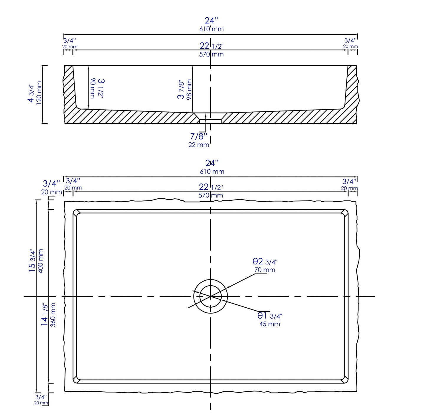 ALFI brand  ABCO24R 24" Solid Concrete Chiseled Style Rectangular Above Mount Vessel Sink