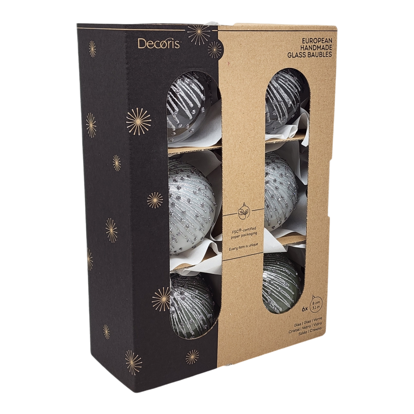 Enamel Ice Glass Ornament Set - 80mm - Silver and White