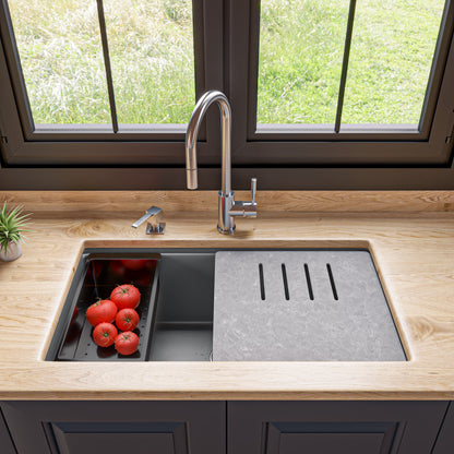 ALFI brand AB3418SBUM 33" Granite Composite Workstation Step Rim Single Bowl Undermount Sink with Accessories