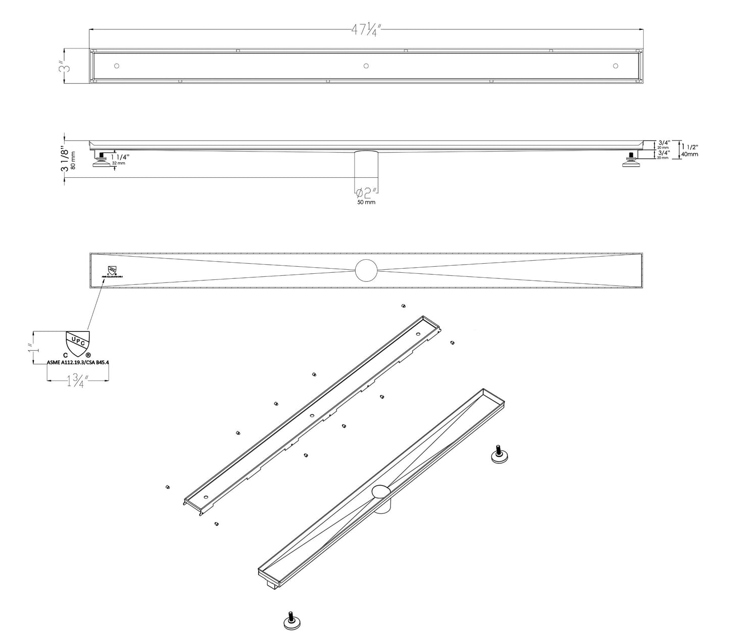 ALFI brand ABLD47A ABLD47A 47" Stainless Steel Linear Shower Drain with No Cover