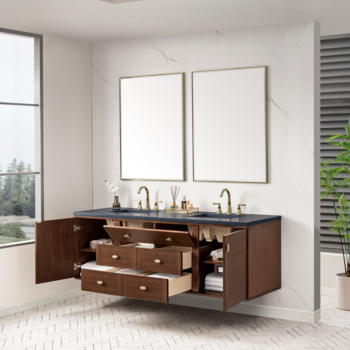 Amberly 72" Double Vanity Cabinet, Mid-Century Walnut