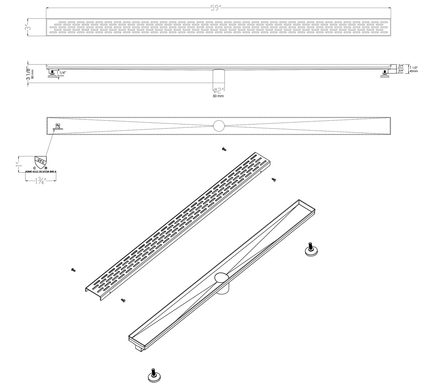ALFI brand ABLD59C Linear Shower Drain with Groove Holes