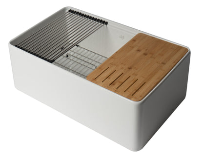 ALFI brand ABFS3020 Workstation 30" x 20" Single Bowl Step Rim Fireclay Farm Sink with Accessories