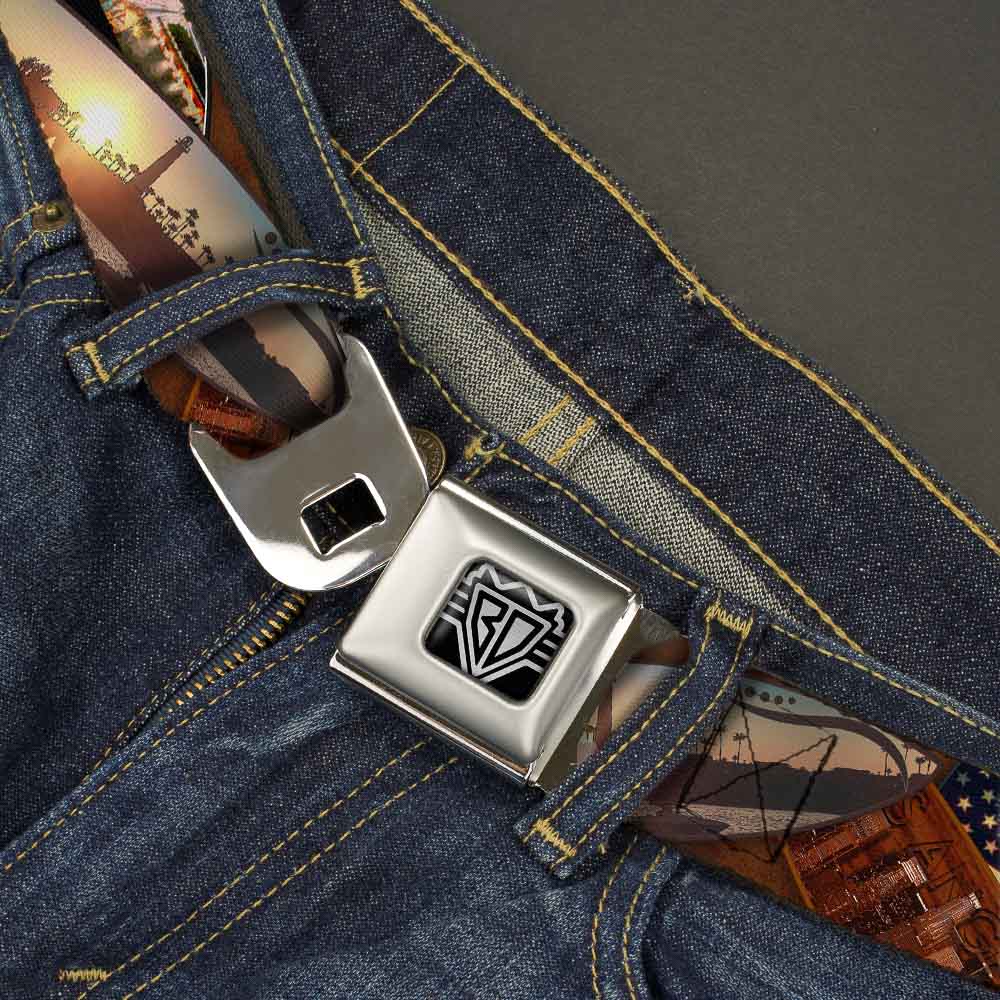 BD Wings Logo CLOSE-UP Full Color Black Silver Seatbelt Belt - Surfboard Cali Scenes/US Flag Stacked Brown Webbing