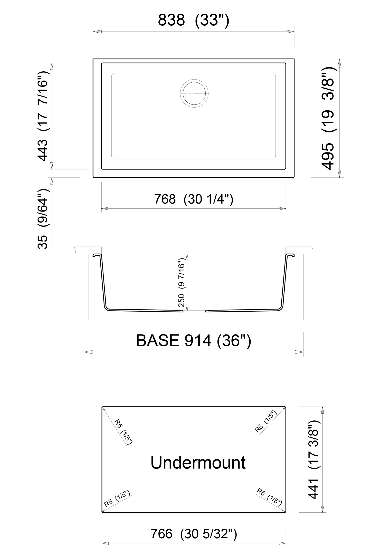 ALFI brand AB3322UM 33" Single Bowl Undermount Granite Composite Kitchen Sink