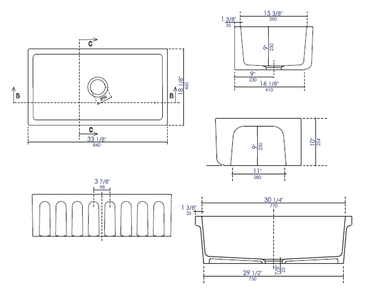 ALFI brand AB3318HS 33" x 18" Reversible Fluted / Smooth Fireclay Farm Sink