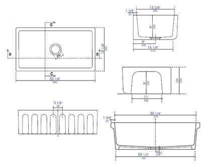 ALFI brand AB3318HS 33" x 18" Reversible Fluted / Smooth Fireclay Farm Sink