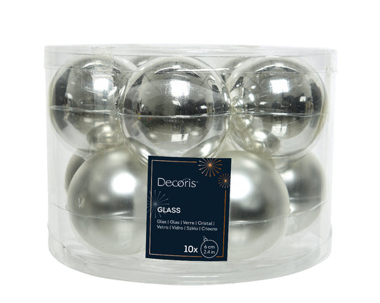 Glass 2.4" Ornaments - 10 piece Set - Elegant Silver