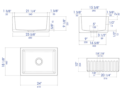 ALFI brand AB2418HS AB2418HS-B 24 inch Biscuit Reversible Smooth / Fluted Single Bowl Fireclay Farm Sink