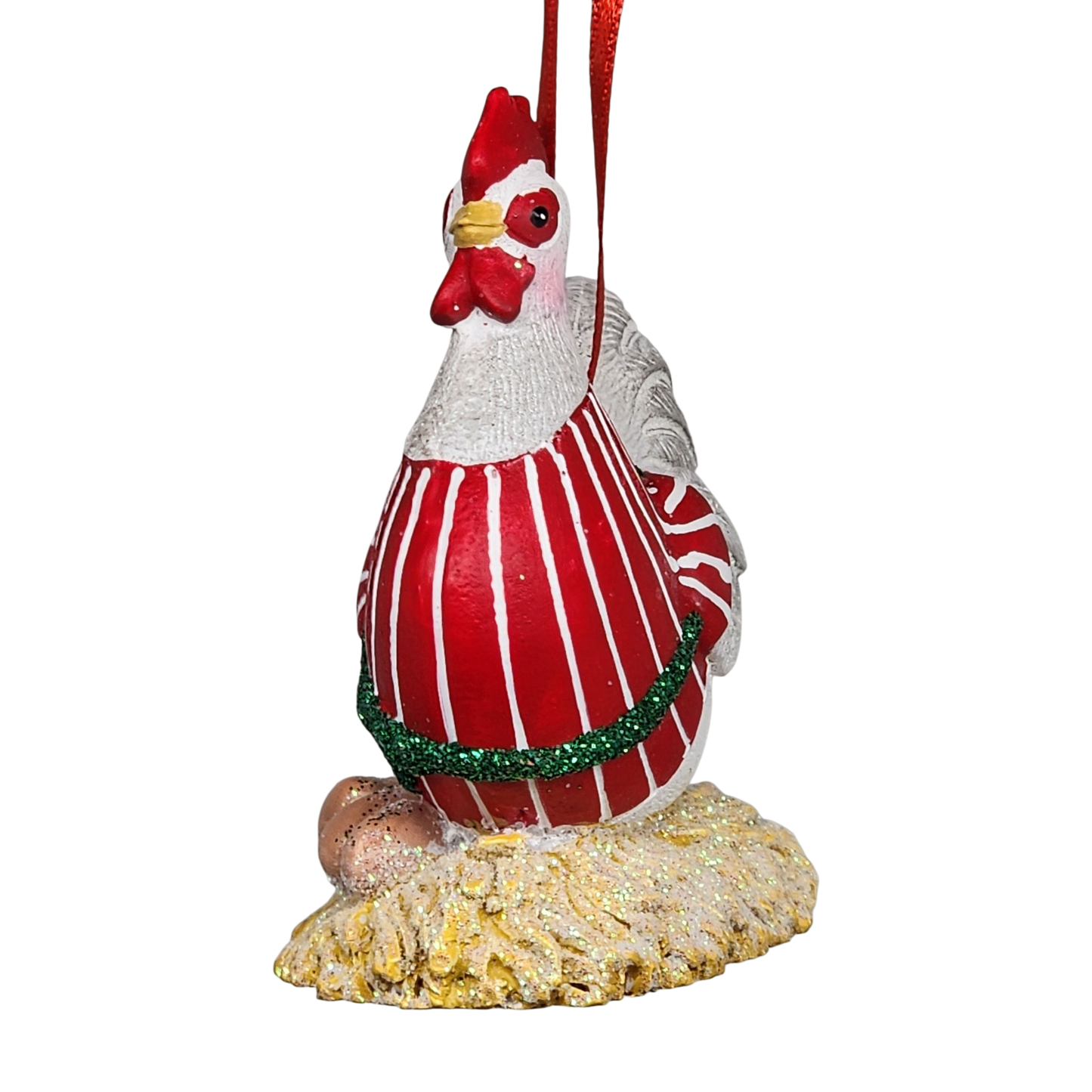 Decorative rooster ornament with red and white striped body on a white background