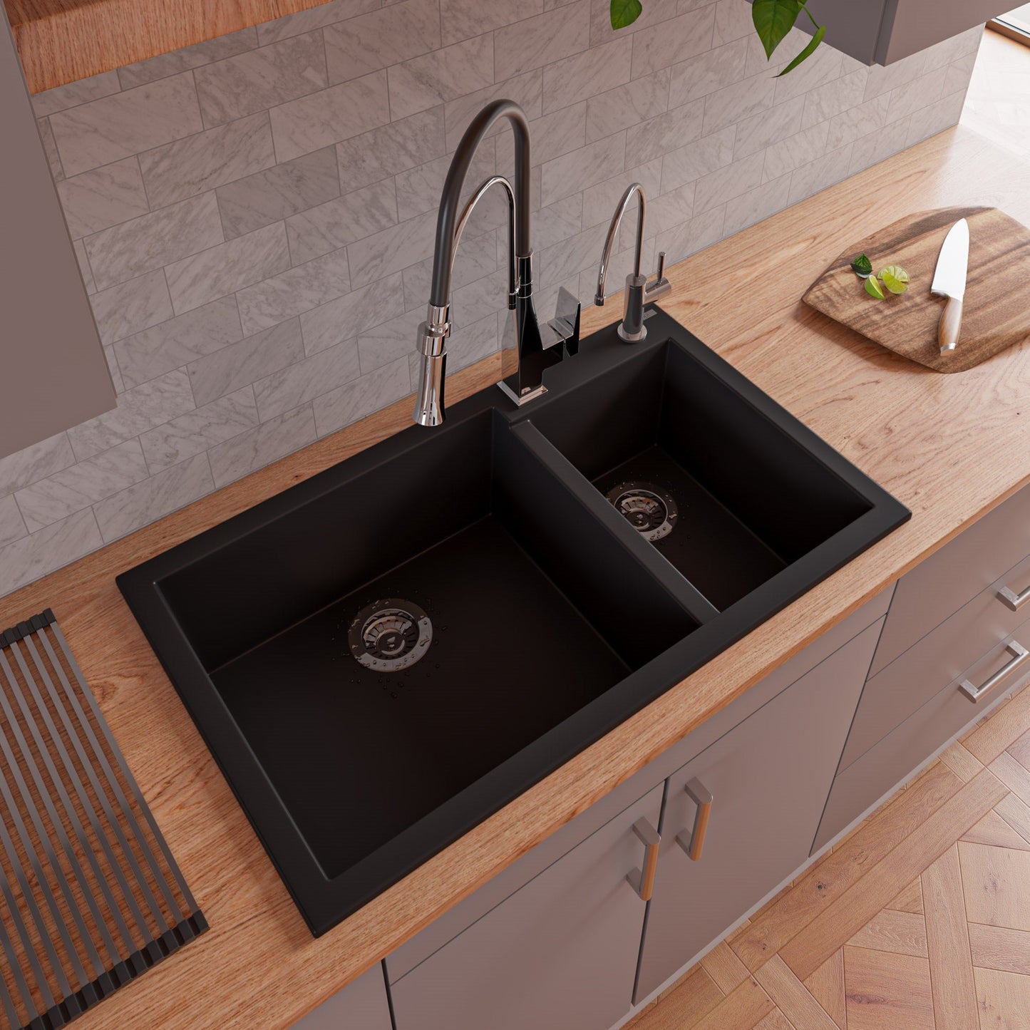 ALFI brand ABKF3023 Square Kitchen Faucet with Black Rubber Stem
