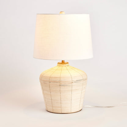 Rattan Table Lamp with Curved Base and White Shade