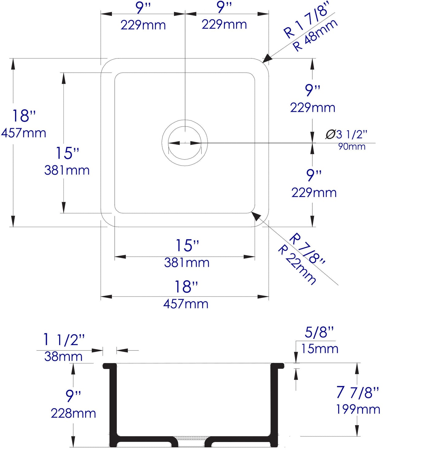 ALFI brand ABF1818S Square 18" x 18" Undermount / Drop In Fireclay Prep Sink