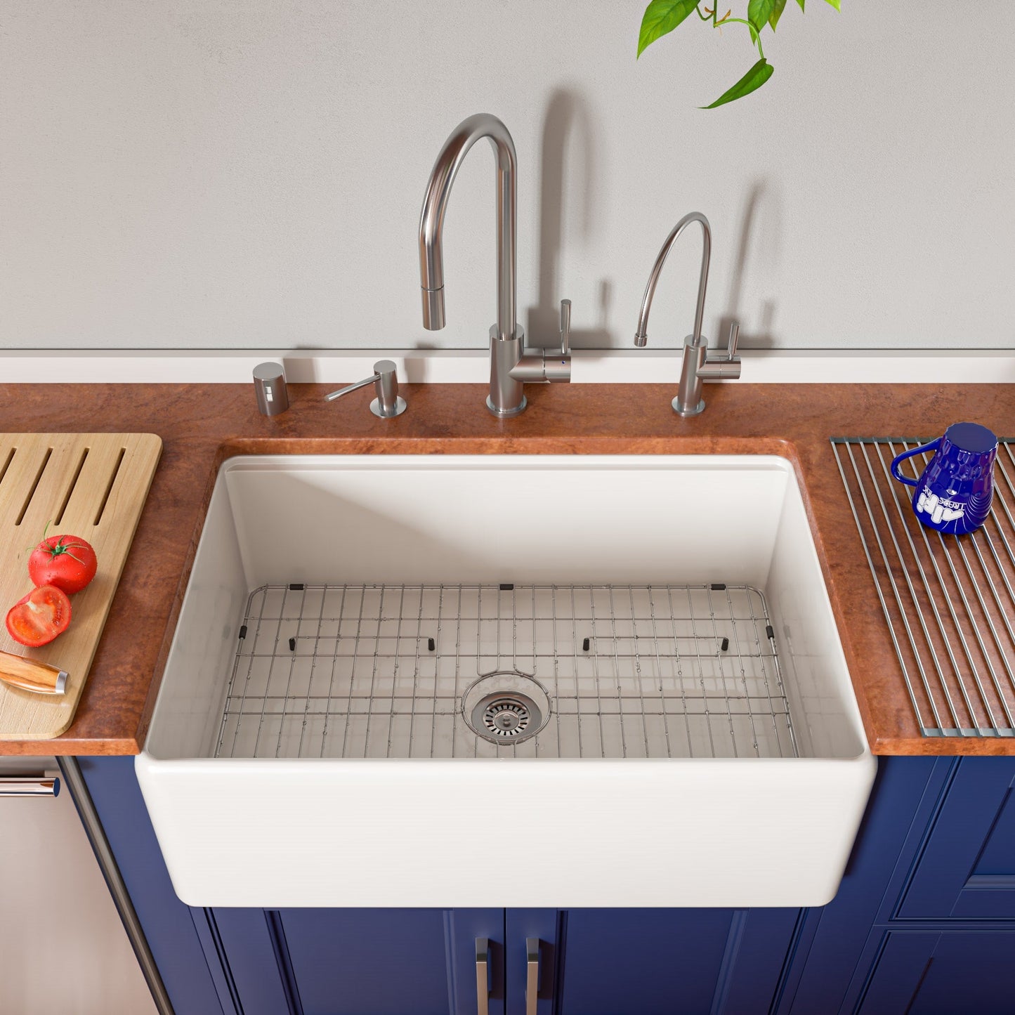 ALFI brand ABFS3020 Workstation 30" x 20" Single Bowl Step Rim Fireclay Farm Sink with Accessories