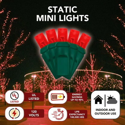 LED Mini Lights 5MM Red Static Green Wire 6" Spacing