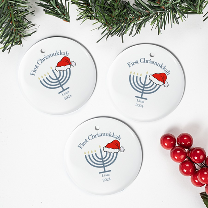 First Chrismukkah - Personalized Circle Ceramic Ornament - Interfaith Family Gift Ideas, Jewish and Christian Family Decorations