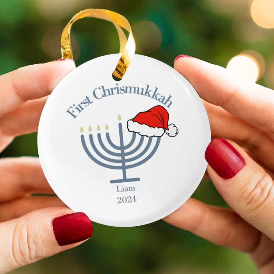 First Chrismukkah - Personalized Circle Ceramic Ornament - Interfaith Family Gift Ideas, Jewish and Christian Family Decorations