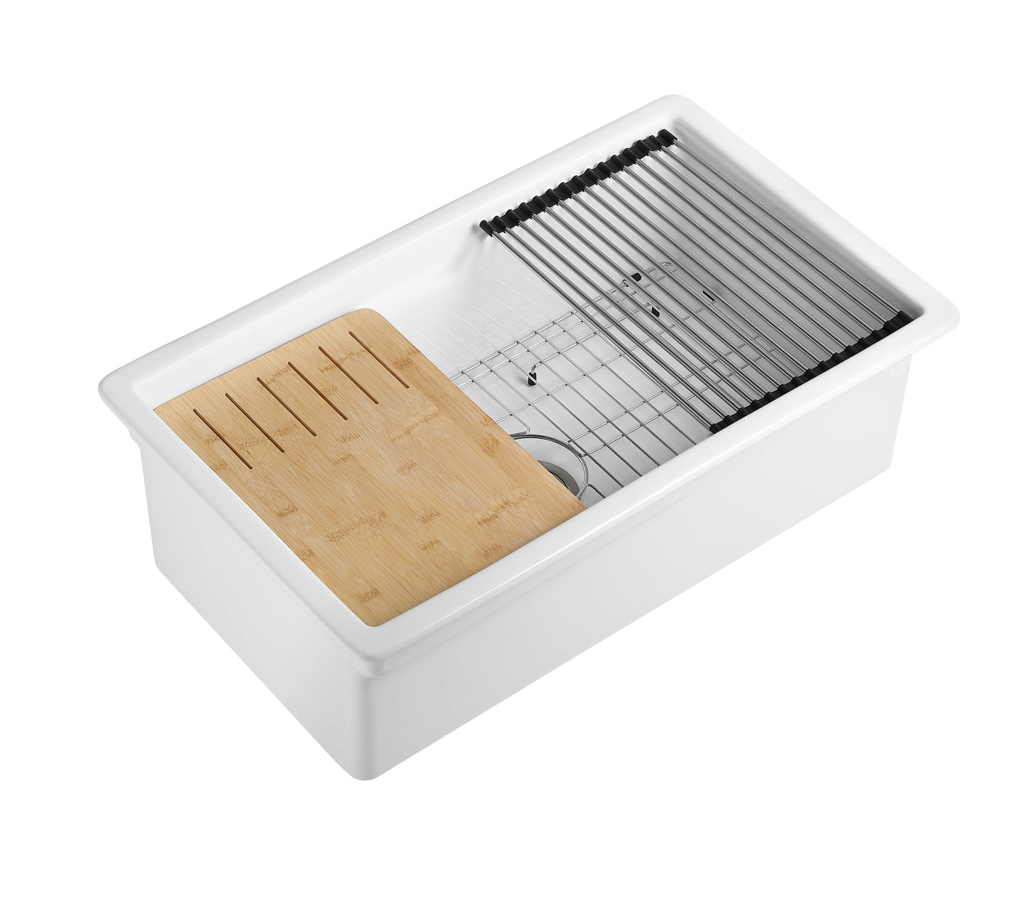 ALFI brand ABFS3219SUD ABFS3219SUD-W  White 32" x 19" Workstation Step Rim Single Bowl Fireclay Undermount / Drop In Kitchen Sink
