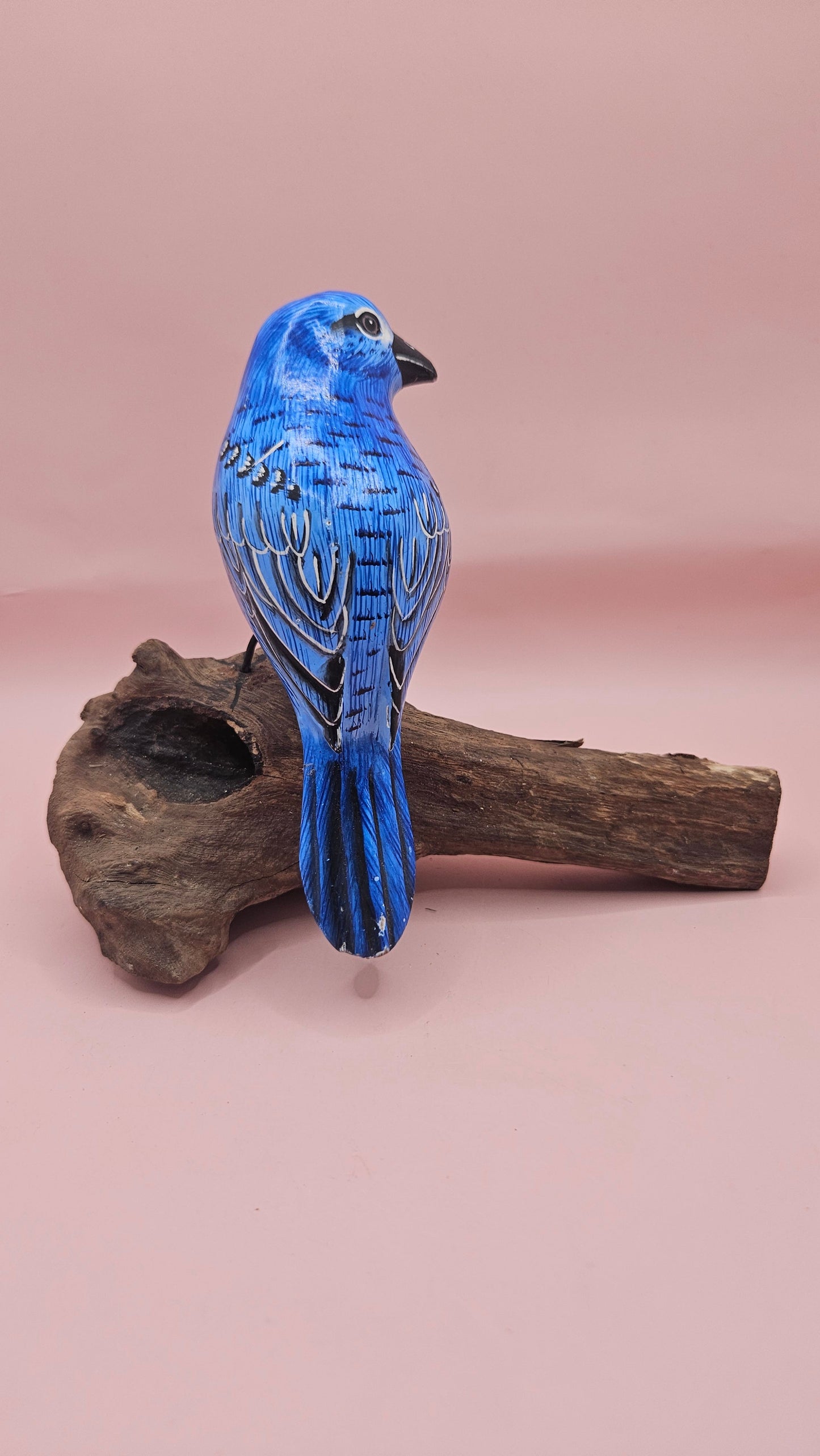 Handmade Blue Songbird on Driftwood Perch – 6.7x4.5 Folk Art Bird Sculpture