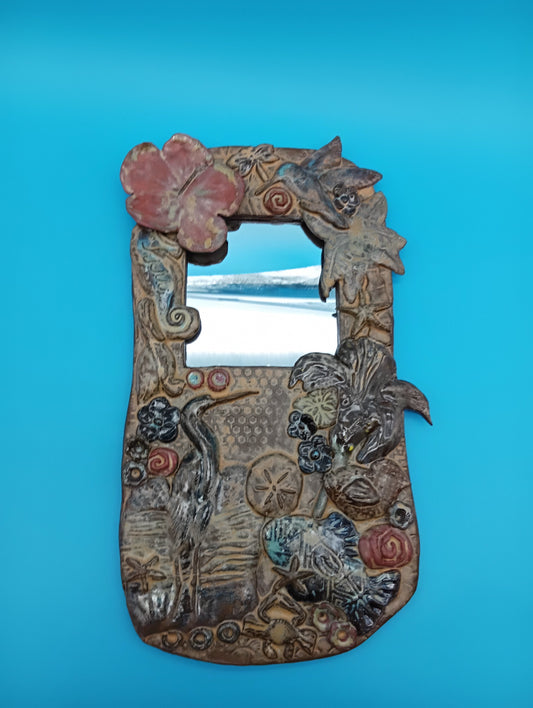 Handmade Ceramic Coastal Mirror with Hibiscus & Heron – 13.5" x 8"