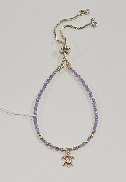 Natural Gemstone Bracelet with Turtle Charm – Adjustable Fit