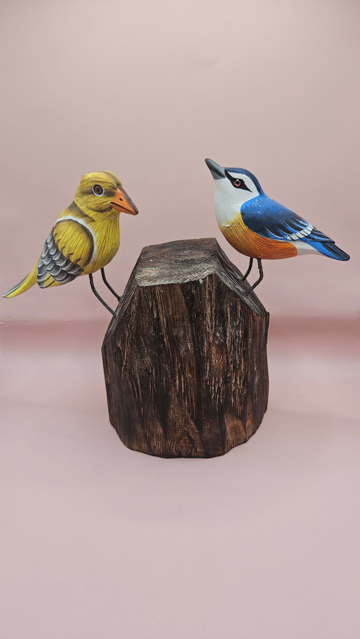 Handmade Wooden Songbird Figurines – on Natural Stump Base-Rustic Woodland Decor