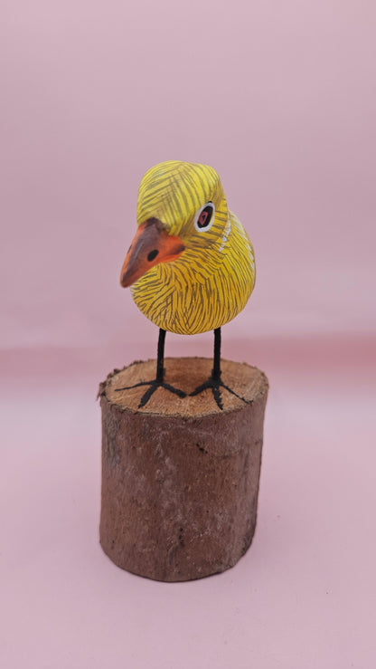 Handcrafted Yellow Songbird on Wood Stump – 5.5x5 Folk Art Bird Decor
