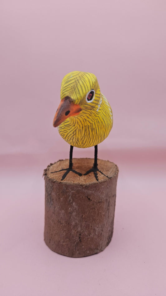 Handcrafted Yellow Songbird on Wood Stump – 5.5x5 Folk Art Bird Decor