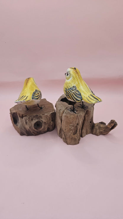 Handcrafted Yellow Songbird on Wood Stump – Folk Art Bird Decor