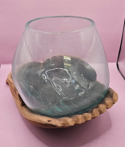 Carved Wooden Hand and Molten Glass Terrarium