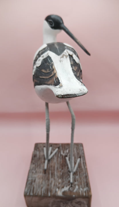Wooden Avocet Bird Sculptures – 12-13” Coastal Shore Birds on Stands, Two Styles