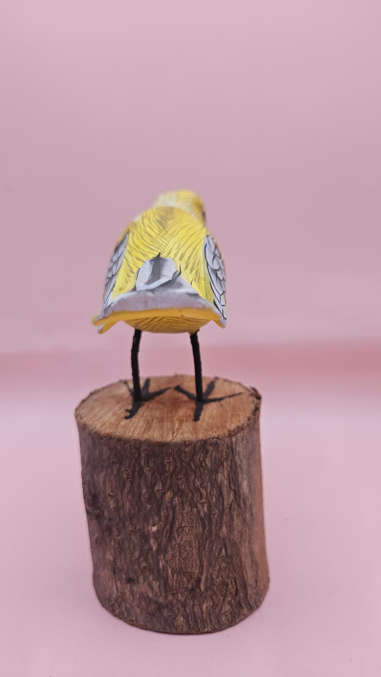 Handcrafted Yellow Songbird on Wood Stump – 5.5x5 Folk Art Bird Decor