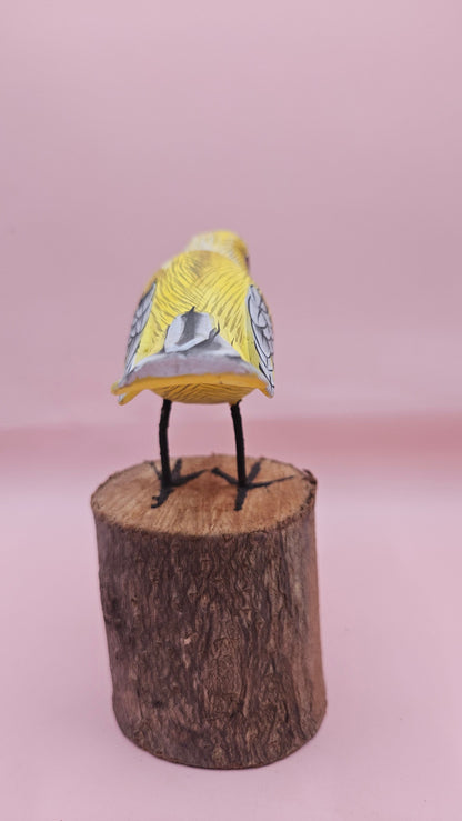 Handcrafted Yellow Songbird on Wood Stump – 5.5x5 Folk Art Bird Decor