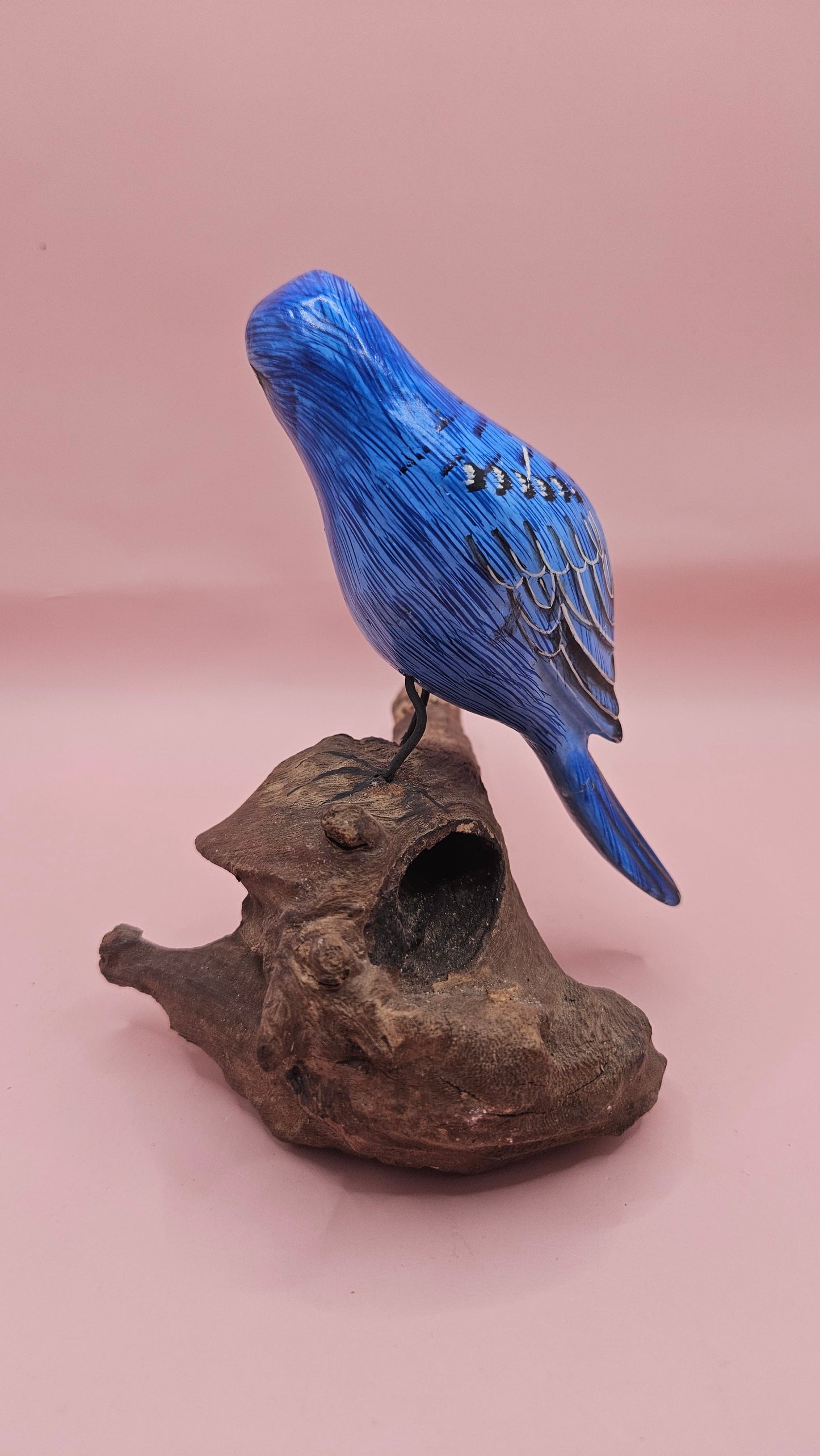 Handmade Blue Songbird on Driftwood Perch – 6.7x4.5 Folk Art Bird Sculpture