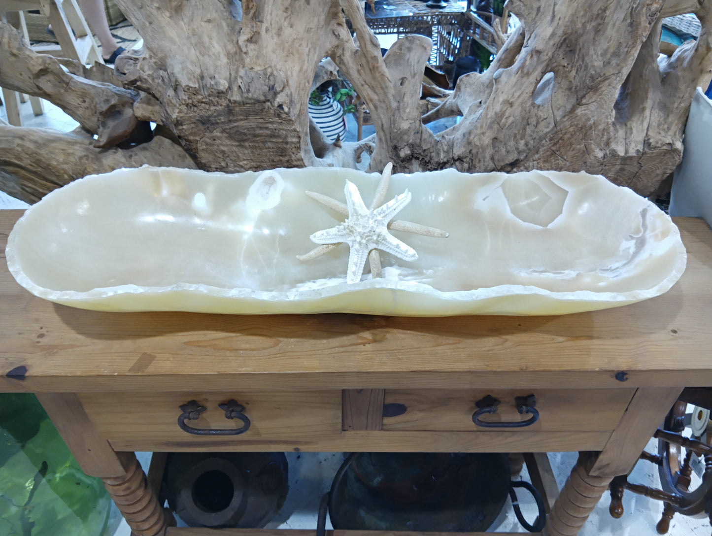 Honey Onyx Decorative Bowl – 34" Long Hand-Carved Centerpiece
