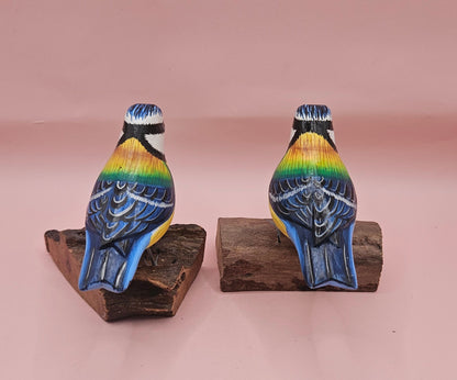 Handmade Colorful Songbird Figurine on Natural Wood Base | 3.5"–4.5" Tall