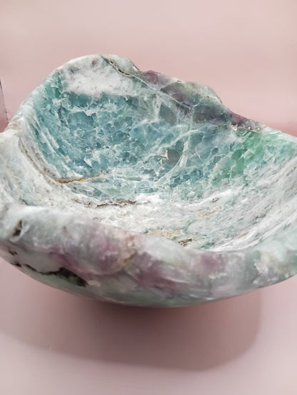 Carved Natural Fluorite Bowl – 11.75" x 5.5" x 10.5" – Handcrafted Gemstone Decor